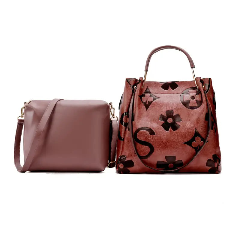 Elegant Floral Embossed Satchel Handbag - Faux Leather with Zipper Closure