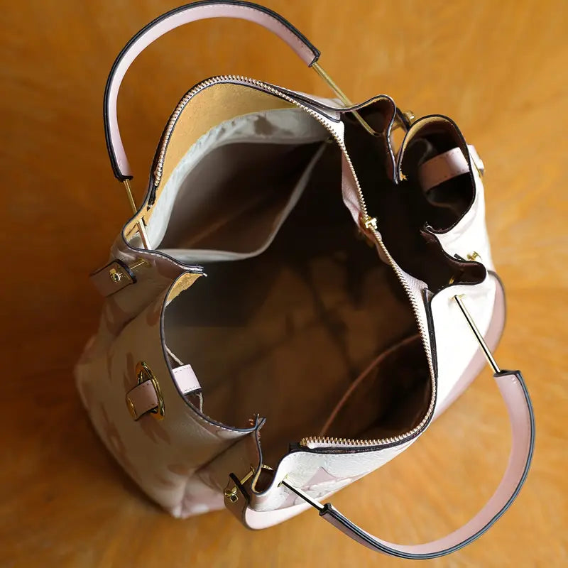 Elegant Floral Embossed Satchel Handbag - Faux Leather with Zipper Closure