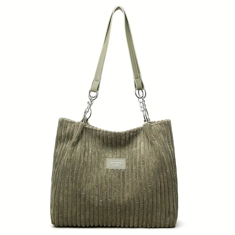 Elegant Corduroy Handbag for Women - Chain Shoulder Strap, Spacious Design, Zip Closure