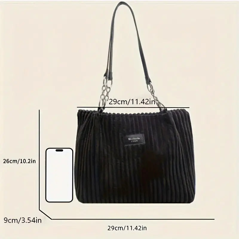 Elegant Corduroy Handbag for Women - Chain Shoulder Strap, Spacious Design, Zip Closure
