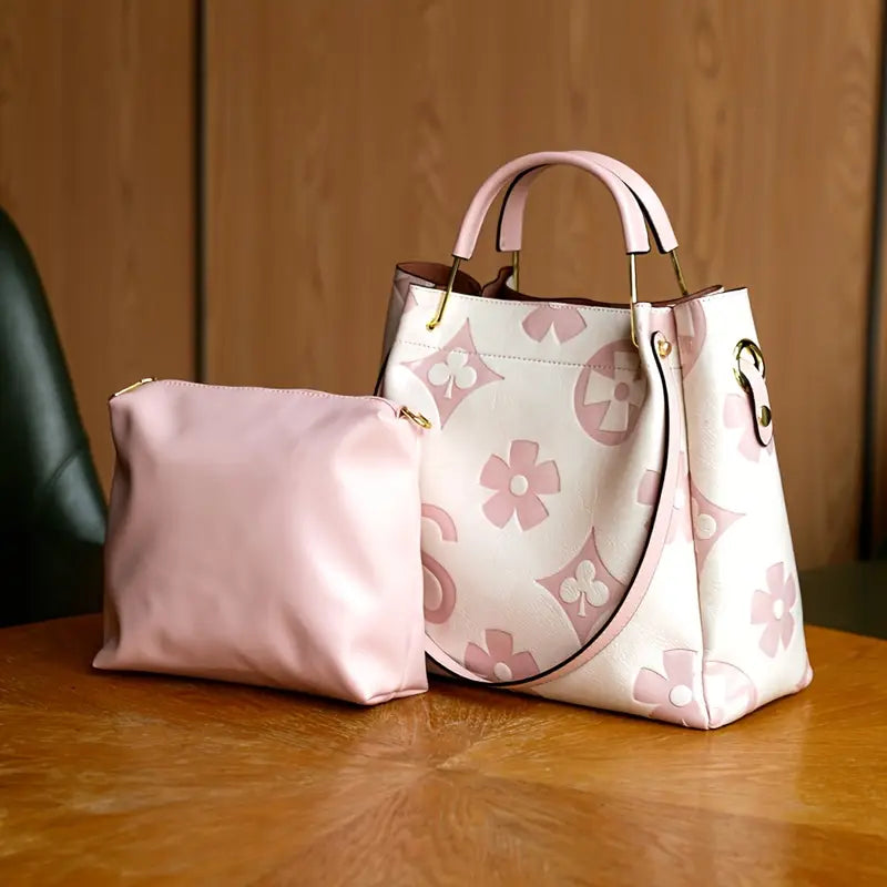 Elegant Floral Embossed Satchel Handbag - Faux Leather with Zipper Closure