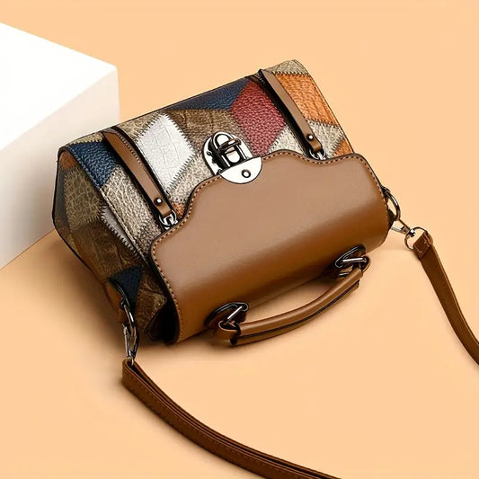 Retro Diamond Pattern Handbag - Large Capacity, Anti-Theft, Adjustable Strap, Brown with Blue, White & Black Accents, Vintage Flair